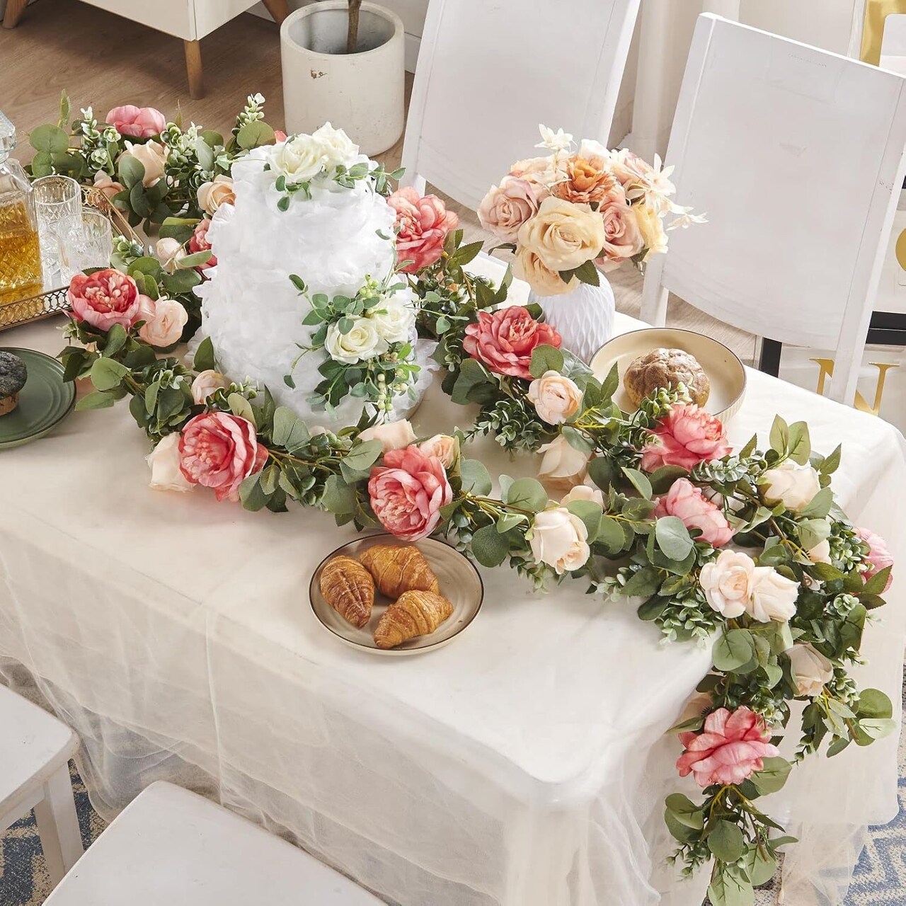 Flower Garland – Artificial Rose Vine with Hanging Fake Roses for Wedding, Birthday, Valentine’s, Christmas & Room/Wall/Arch Decor (2 Off-White & 1 Dark Pink)